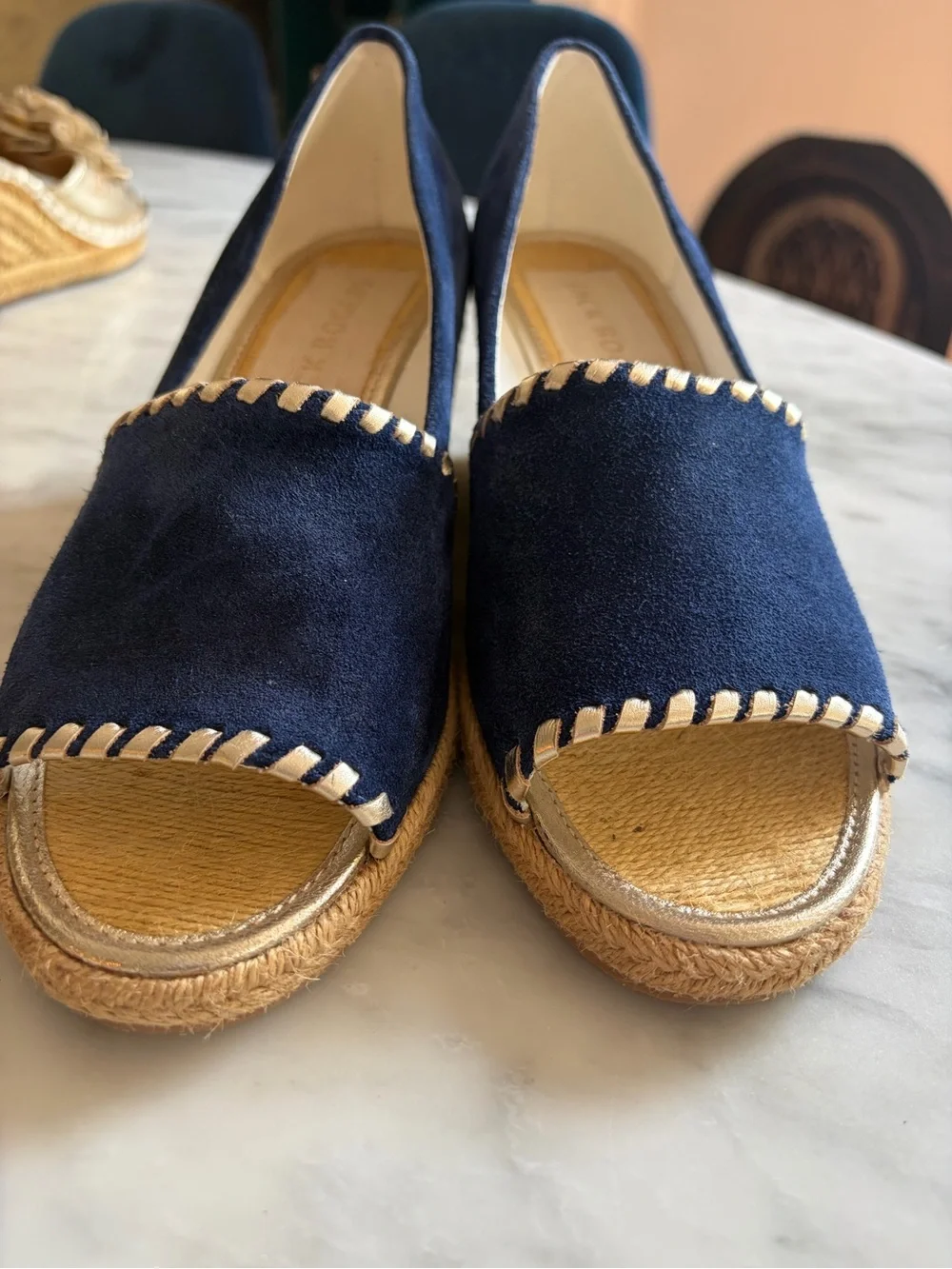 Jack Rogers Palmer Wedge Navy Suede Espadrille Open Toe, Womens 8 US, New